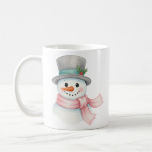 Taza De Café Cute Muñeco de Nieve con Bufanda Rosa de Acuarela