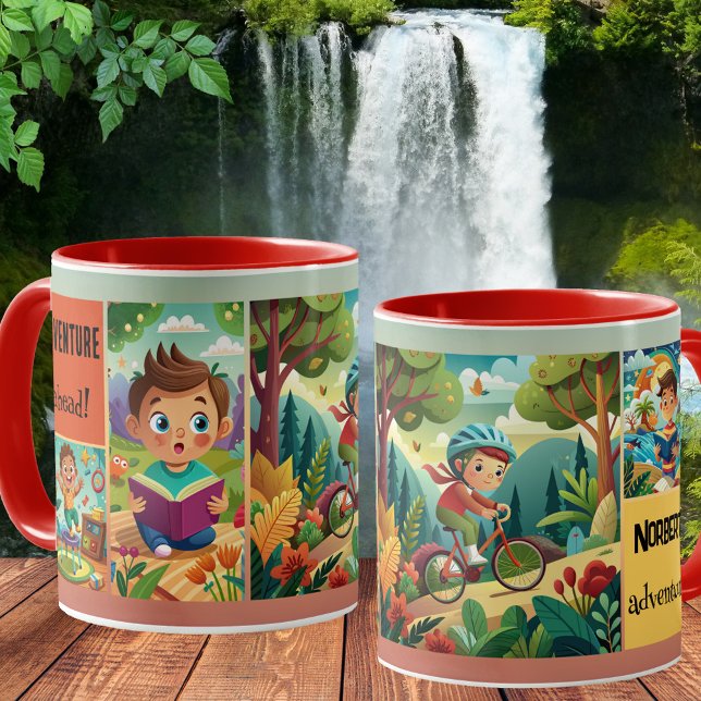 Taza De Café Cute niño Personalizado Ilustraciones Adventure Mu (Kids adventure mug featuring your custom illustrations on a colorful background)