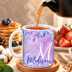 Taza De Café Cute ombre morado rosa brillo unicornio monograma