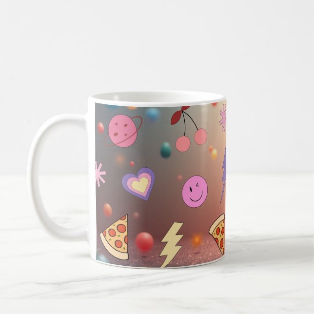Taza De Café Cute Pastel Doodle Pattern Pizza Cherry Smiley (Izquierda)