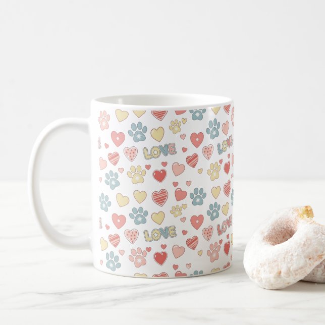 Taza De Café Cute Pastel Paw Prints and Hearts "LOVE" Pattern  (Con donut)