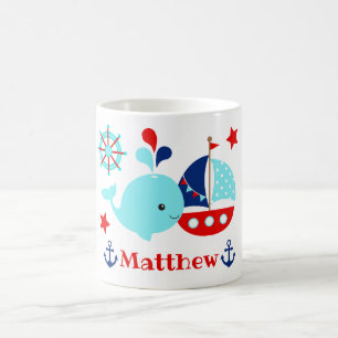 Taza De Café Cute patrón de ballena azul náutica y anclas