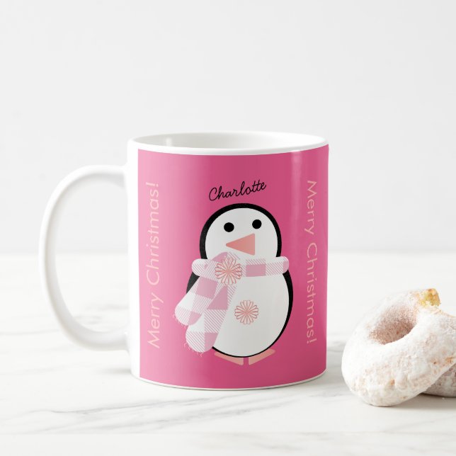 Taza De Café Cute pingüino personalizado Feliz Navidad (Con donut)