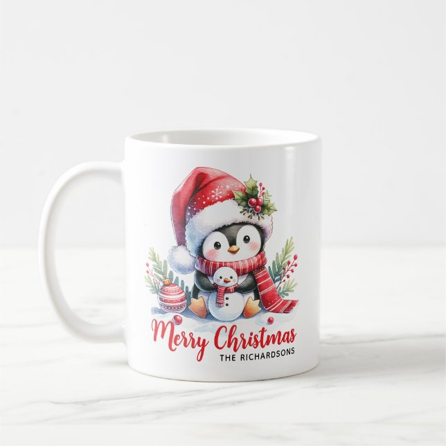 Taza De Café Cute pingüino y Snowman Feliz Navidad (Izquierda)
