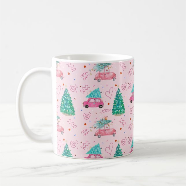 Taza De Café Cute Pink Christmas Car Tree Seamless Pattern (Izquierda)