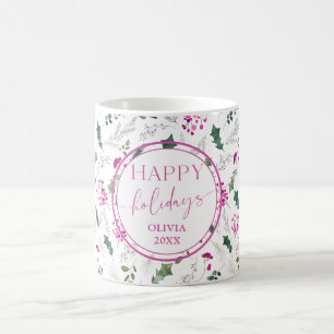 Taza De Café Cute Pink Holly Berries Nombre Holiday Mug
