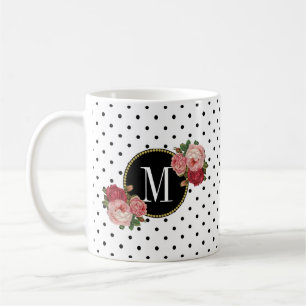 Taza De Café Cute puntos blancos negros Rosas vintage Monograma