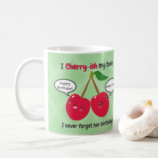 Taza De Café Cute Red Cherry Kawaii Gemelos Cumpleaños (Con donut)