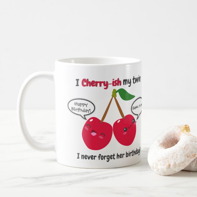 Taza De Café Cute Red Cherry Kawaii Gemelos Cumpleaños (Con donut)