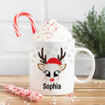 Taza De Café Cute Reindeer Girl Santa Hat Custom Name Christmas<br><div class="desc">Cute and girly Christmas coffee or hot cocoa mug features an illustration of a sweet Rudolph reindeer girl face with a shiny red nose, eyelashes, and antlers. She is dressed up with a red Santa Claus hat and surrounded by light gray snowflakes. Personalize this festive hot chocolate mug with a...</div>