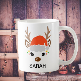 Taza De Café Cute Reindeer with Santa Hat Custom Name