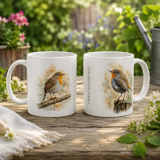 Taza De Café Cute robin bird monogramado en acuarela