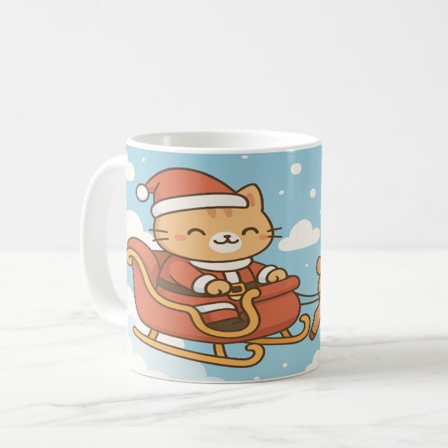Taza De Café Cute Santa Cat Flying Sleigh Christmas Mug (Anverso izquierdo)