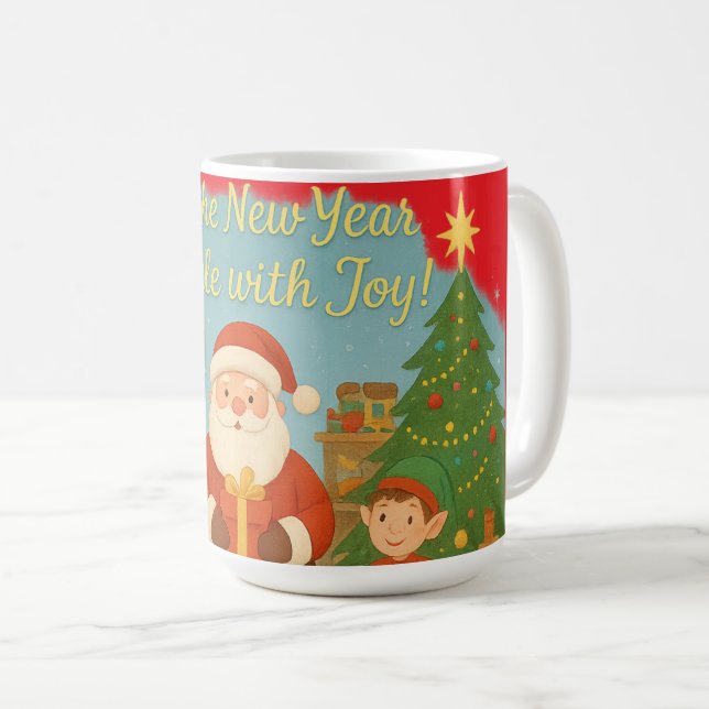 Taza De Café Cute Santa & Elves New Year Holiday Card (Anverso derecho)