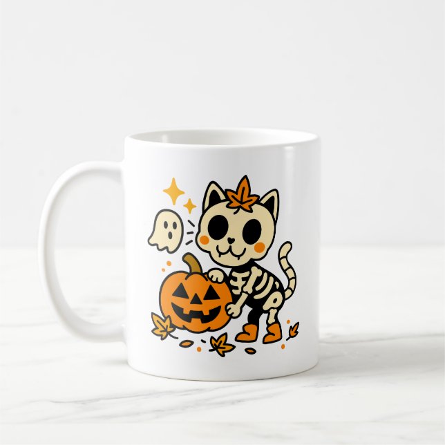 Taza De Café Cute Skeleton Cat with Pumpkin Mug (Izquierda)