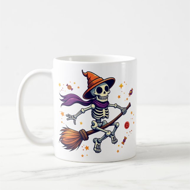 Taza De Café Cute Skeleton Riding Broom Halloween Mug (Izquierda)