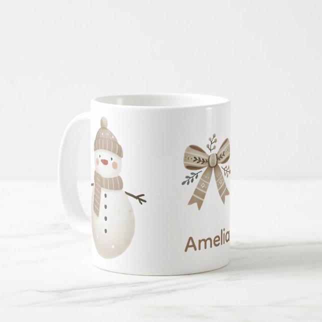 Taza De Café Cute Snowman Bow Drawing Name Christmas (Anverso izquierdo)