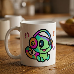 Taza De Café Cute Sonriendo Kawaii Bebé Camaleón Con Auriculare