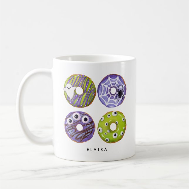 Taza De Café Cute Spooky Donuts de Monstruo Verde y Púrpura (Izquierda)