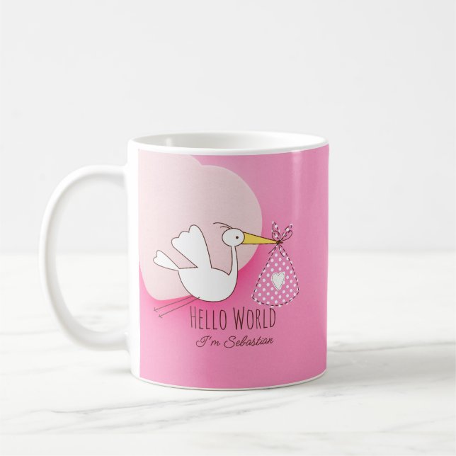 Taza De Café Cute Stork Baby Boy Hello World Sebastian Pink Mug (Izquierda)