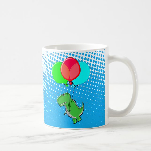 Taza De Café Cute T-Rex Volando Con Globos En Cielo Azul (Derecha)