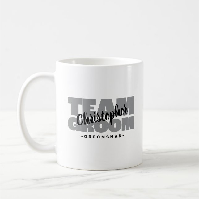 Taza De Café Cute Team Groom Groomsman Nombre Boda Gris negro (Izquierda)