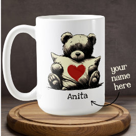 Taza De Café Cute Teddy Bear Hug Pillow Red Heart Custom Name