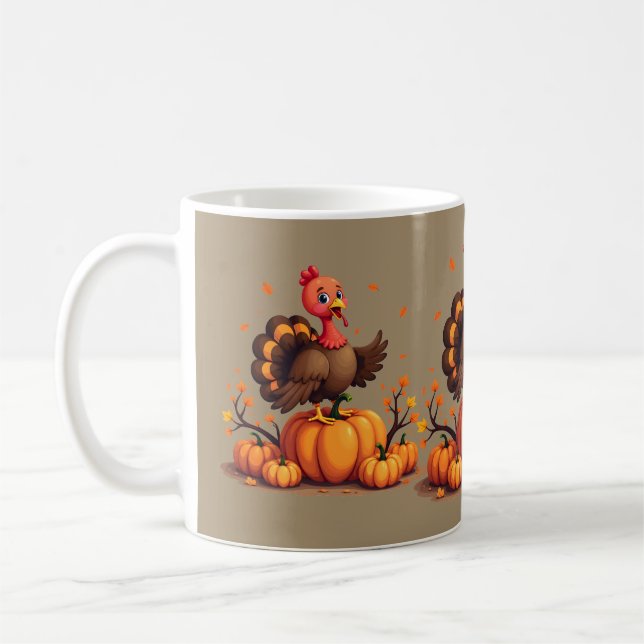 Taza De Café Cute Thanksgiving Turkey Autumn Pumpkins Scene (Izquierda)