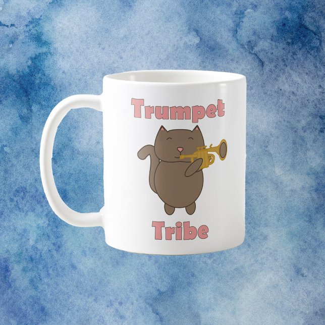 Taza De Café Cute Trumpet Tribe Cat Illustration Music Lover (A mug with a cute brown cat playing the trumpet with the words trumpet tribe.)