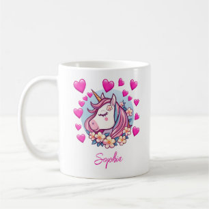 Taza De Café Cute Unicorn, Corazones y Flores Rosas, Nombre Per