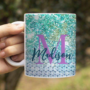 Taza De Café Cute Unicornio turquesa monograma falso brillo