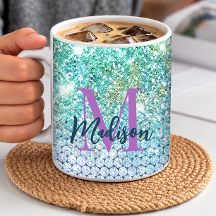 Taza De Café Cute Unicornio turquesa monograma falso brillo