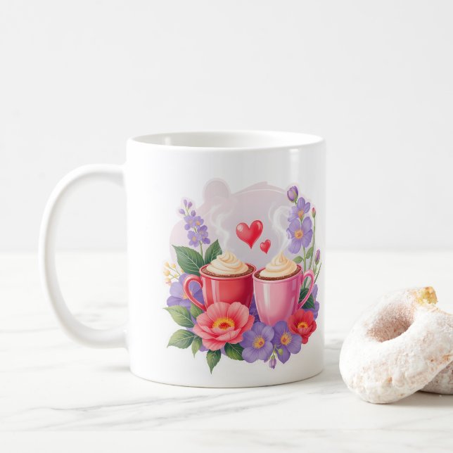 Taza De Café Cute Valentine Cocoa Mugs with Flowers & Hearts (Con donut)