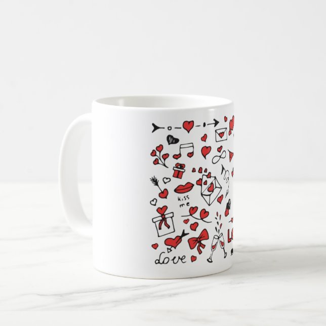 Taza De Café Cute Valentine Day Doodle Love Design on White Mug (Anverso izquierdo)