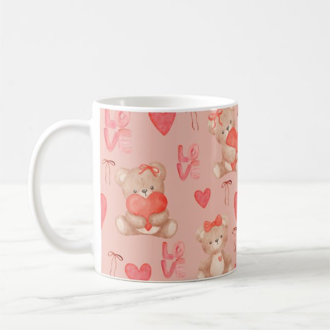 Taza De Café Cute Valentines Brown Teddy Bear Seamless Pattern (Izquierda)