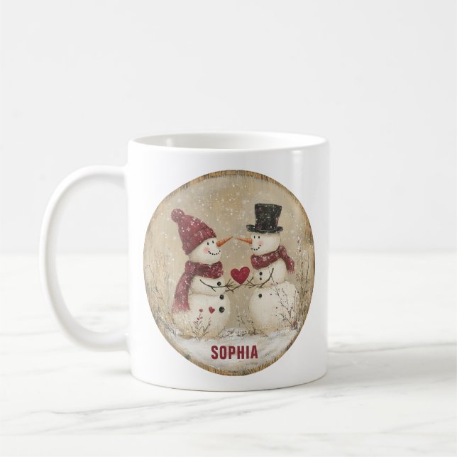 Taza De Café Cute Winter Snowman Heart Add Name (Izquierda)