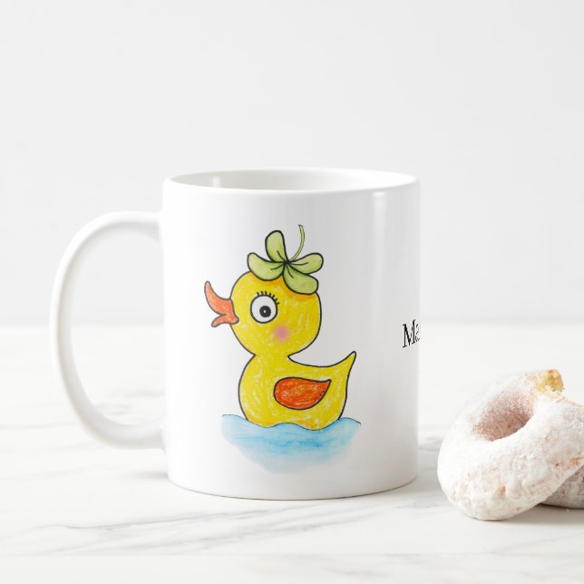Taza De Café Cute Yellow Rubber Duck with Clover Hat Custom (Con donut)