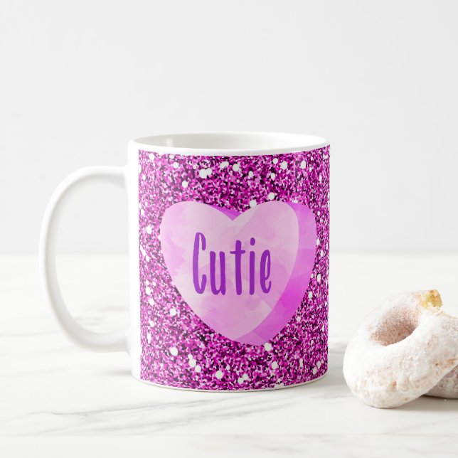 Taza De Café Cutie Pink Candy Heart Faux Purpurina (Con donut)