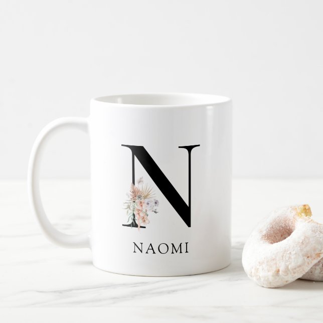 Taza De Café Cuto Floral acuarela Boho Monograma (Con donut)