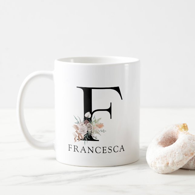 Taza De Café Cuto Floral acuarela Boho Monograma (Con donut)