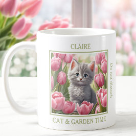 Taza De Café Cuto Kitty Pink Tulips Cat Lover Spring