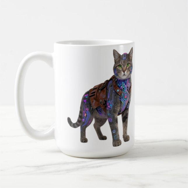 Taza De Café Cyberpunk Circuit Cat – Neon Tech Beast (Izquierda)