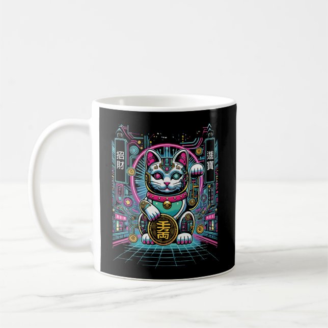 Taza De Café Cyberpunk Robot Maneki Neko Lucky Cat, Dinero (Izquierda)