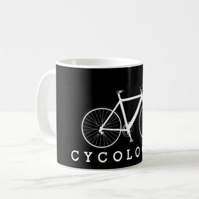 Taza De Café CYCOLOGISTA Mensajes de texto y bicicleta blanca (Anverso izquierdo)