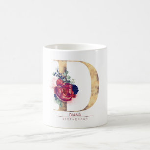 Taza De Café D Monograma Floral Borgoña Rojo y Azul de la Mari