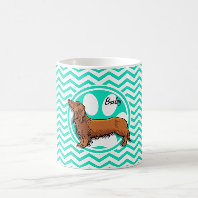 Taza De Café Dachshund; Aguamarina Chevron verde (Centro)