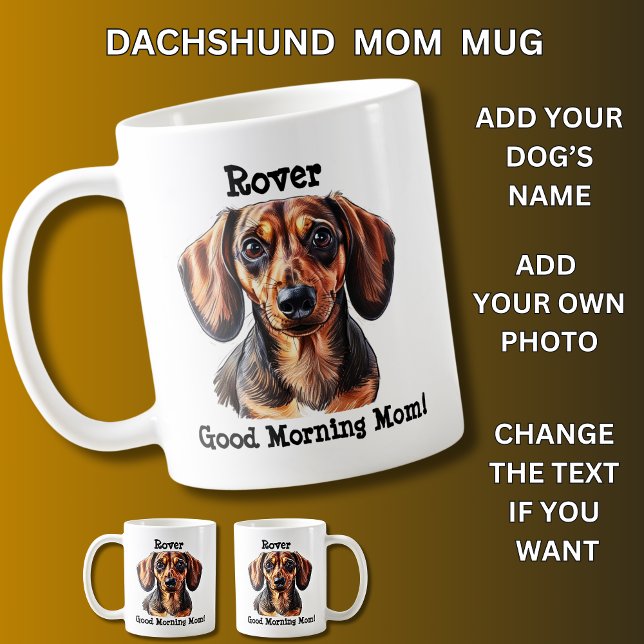 Taza De Café Dachshund, añade nombre de perro, cambia foto (Subido por el creador)