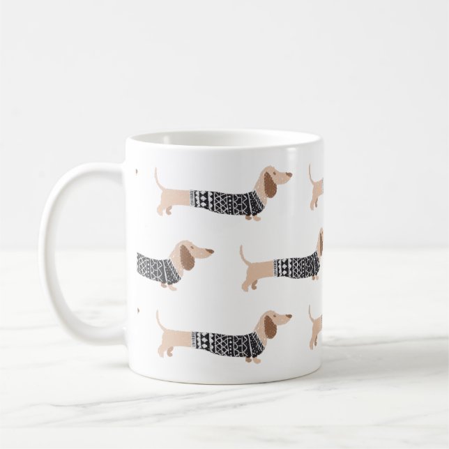 Taza De Café Dachshund Black Navidades Sweater Pattern Funny (Izquierda)
