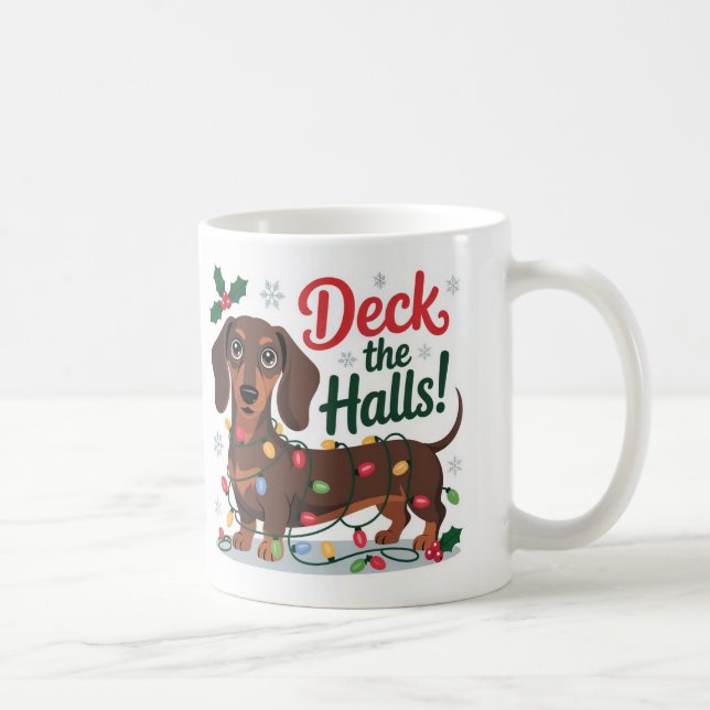 Taza De Café Dachshund Christmas Mug – Deck the Halls Holiday  (Derecha)