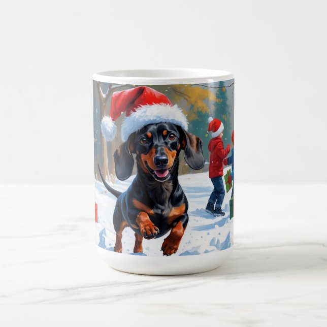 Taza De Café Dachshund corre en nieve con Gorra Navidad (Centro)